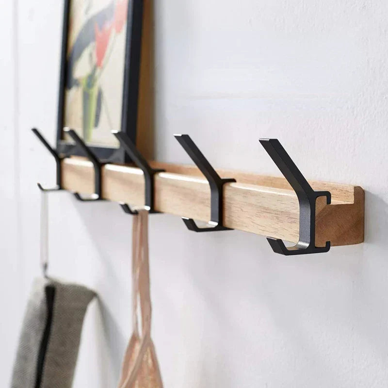 Wall Coat Rack - Movable Hooks - Black - Wood and Aluminum