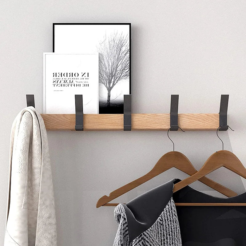 Wall Coat Rack - Movable Hooks - Black - Wood and Aluminum