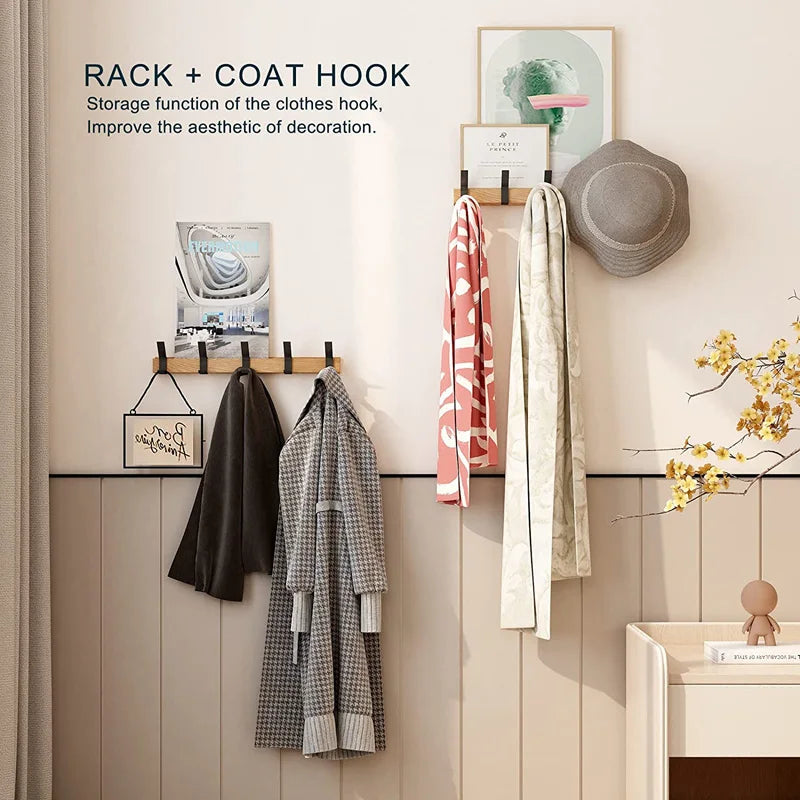 Wall Coat Rack - Movable Hooks - Black - Wood and Aluminum