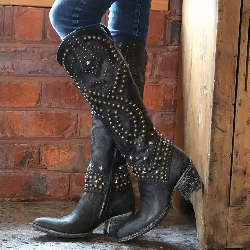 Western Knee-High Boots with Studded Detail