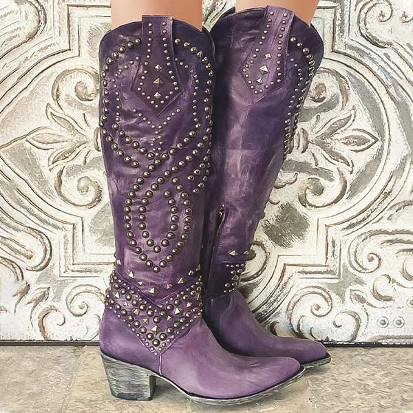 Western Knee-High Boots with Studded Detail