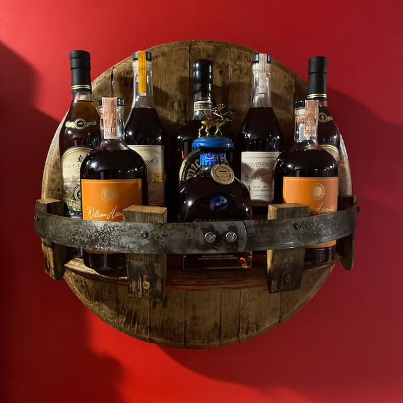 Whiskey Barrel Wall Shelf | Rustic Solid Wood Design | Round