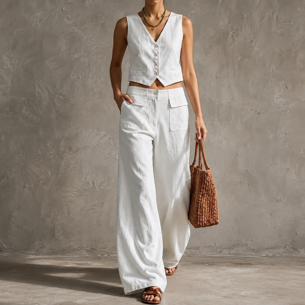 Wide-leg pants with pockets, high waist