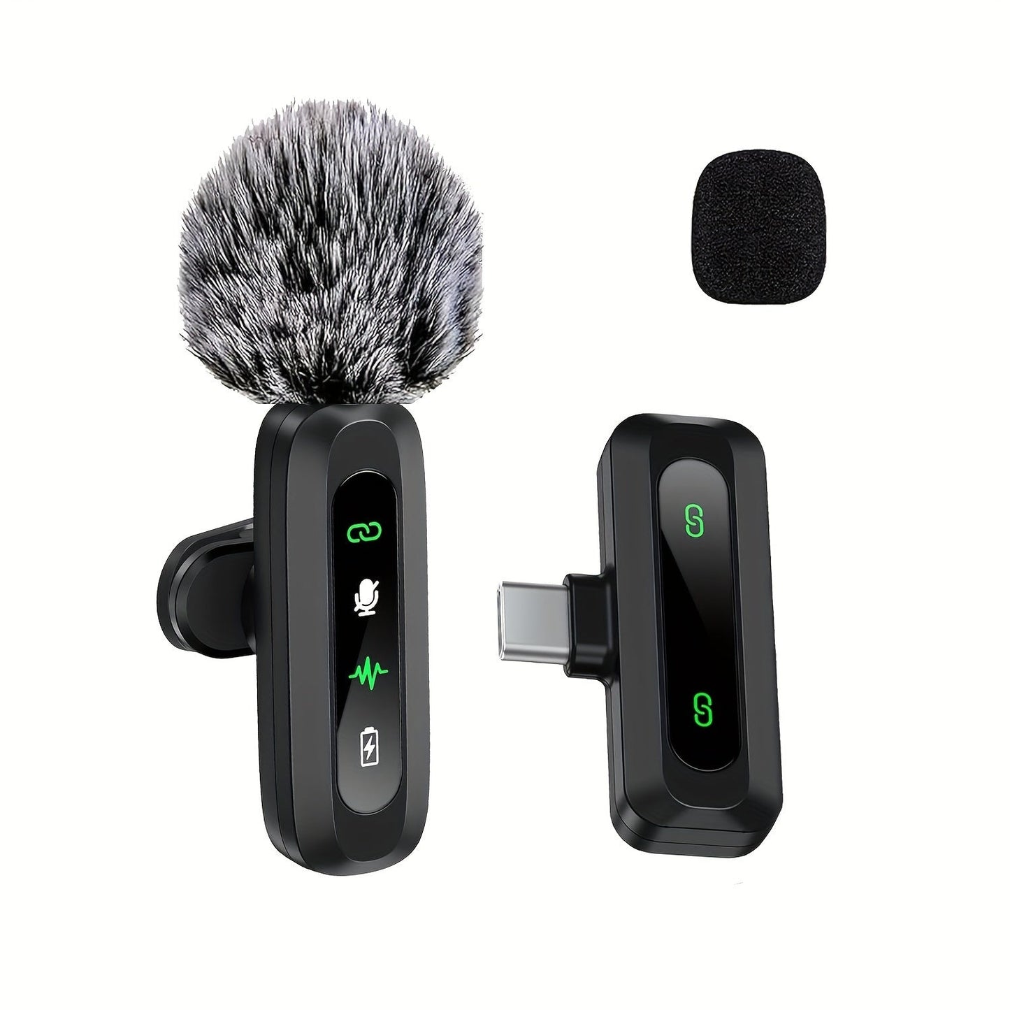 Wireless Lavalier Microphone with USB-C Connectivity for Podcasts and Vlogs – Compact Design with Built-in Windshield