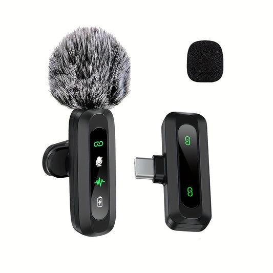Wireless Lavalier Microphone with USB-C Connectivity for Podcasts and Vlogs – Compact Design with Built-in Windshield