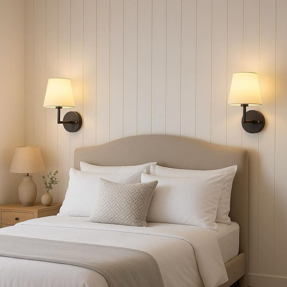 Wireless Wall Sconces with Dimming and Fabric Shade – 3 Color Temperatures, Remote Control, 2 Pieces for Bedroom and Hallway