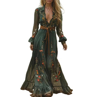 Woman Bohemian Maxi Dress with V-Neck in Blue and Green