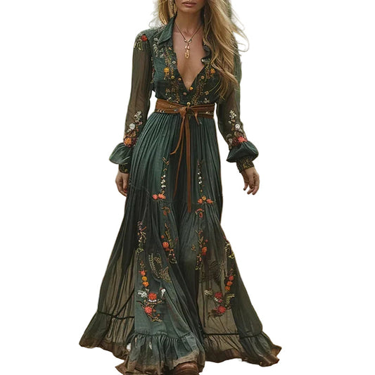 Woman Bohemian Maxi Dress with V-Neck in Blue and Green