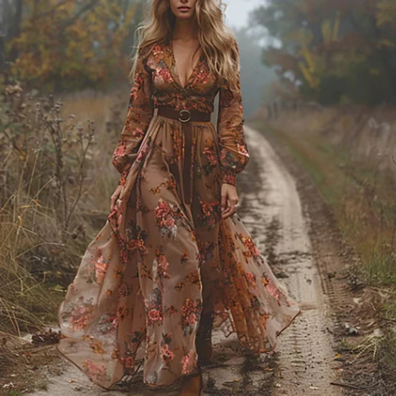 Woman Bohemian Maxi Dress with V-Neck in Blue and Green