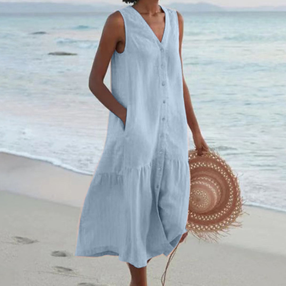 Women A-Line Midi Dress with Buttons