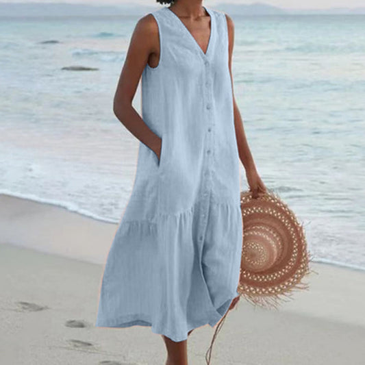 Women A-Line Midi Dress with Buttons