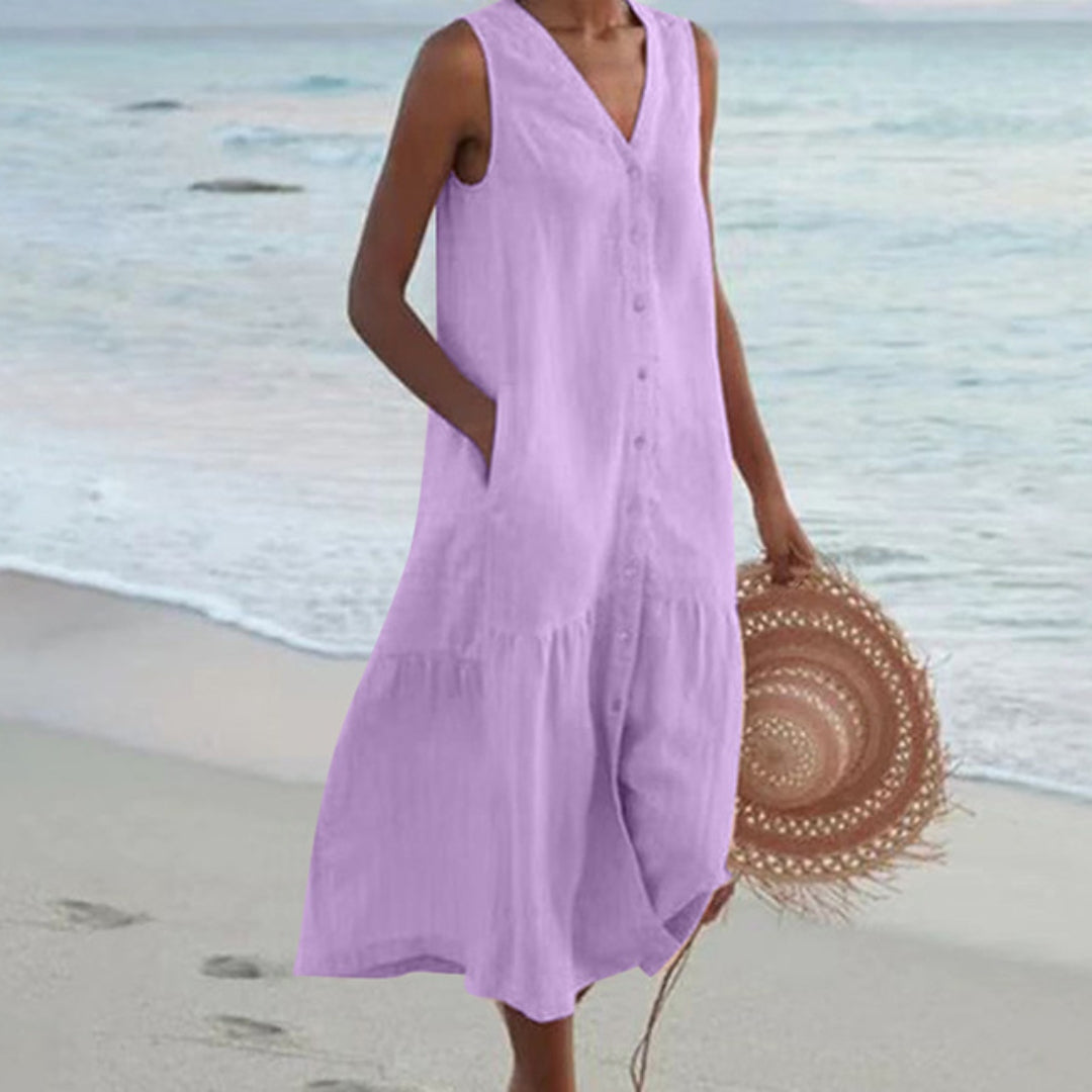 Women A-Line Midi Dress with Buttons