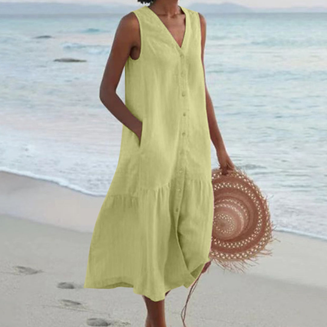 Women A-Line Midi Dress with Buttons