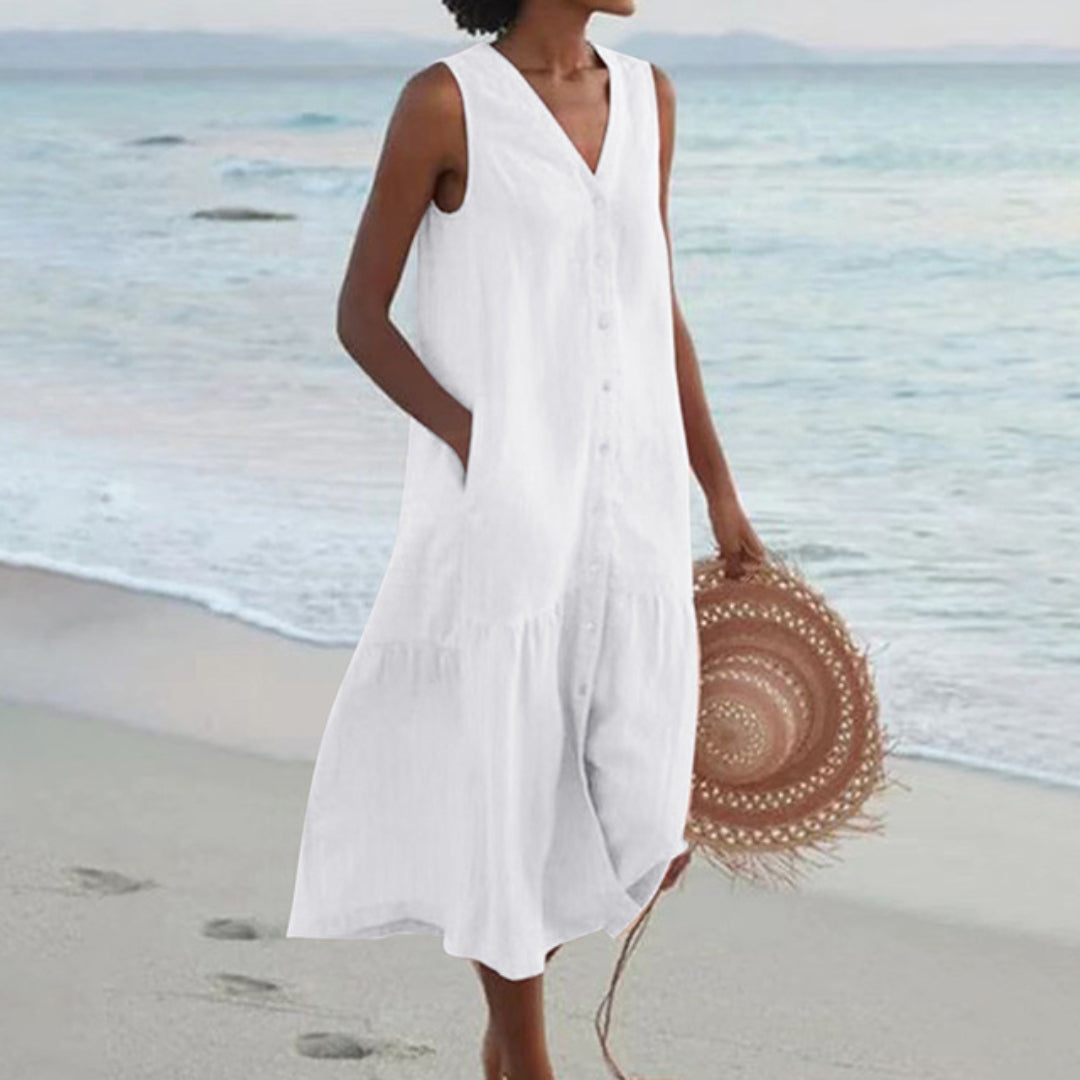 Women A-Line Midi Dress with Buttons