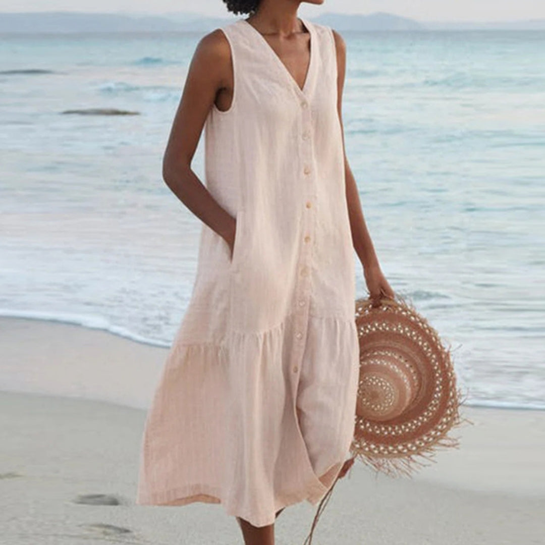 Women A-Line Midi Dress with Buttons