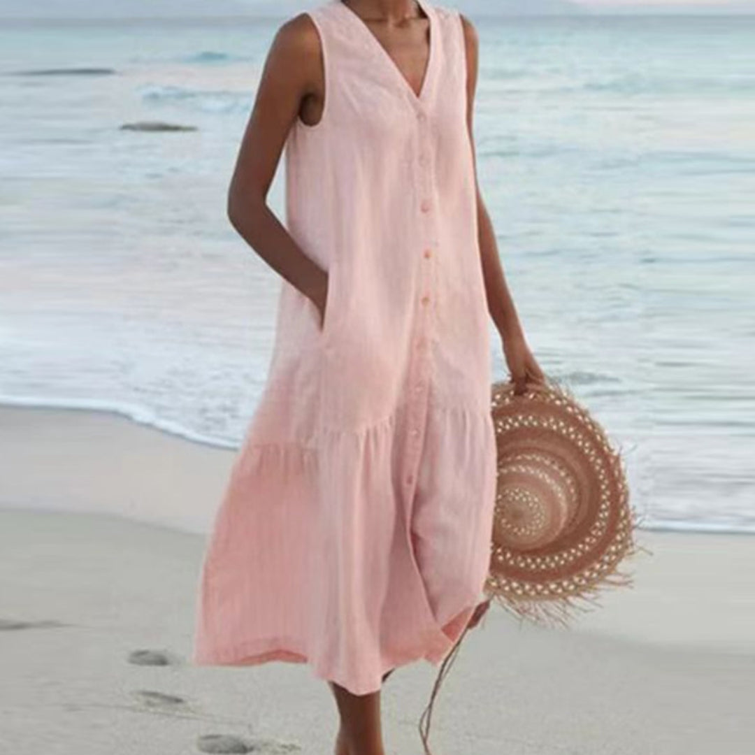 Women A-Line Midi Dress with Buttons