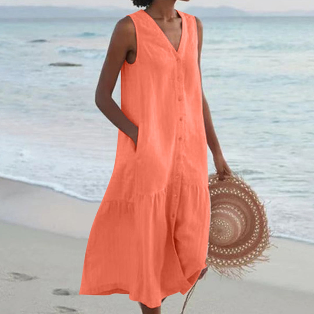 Women A-Line Midi Dress with Buttons