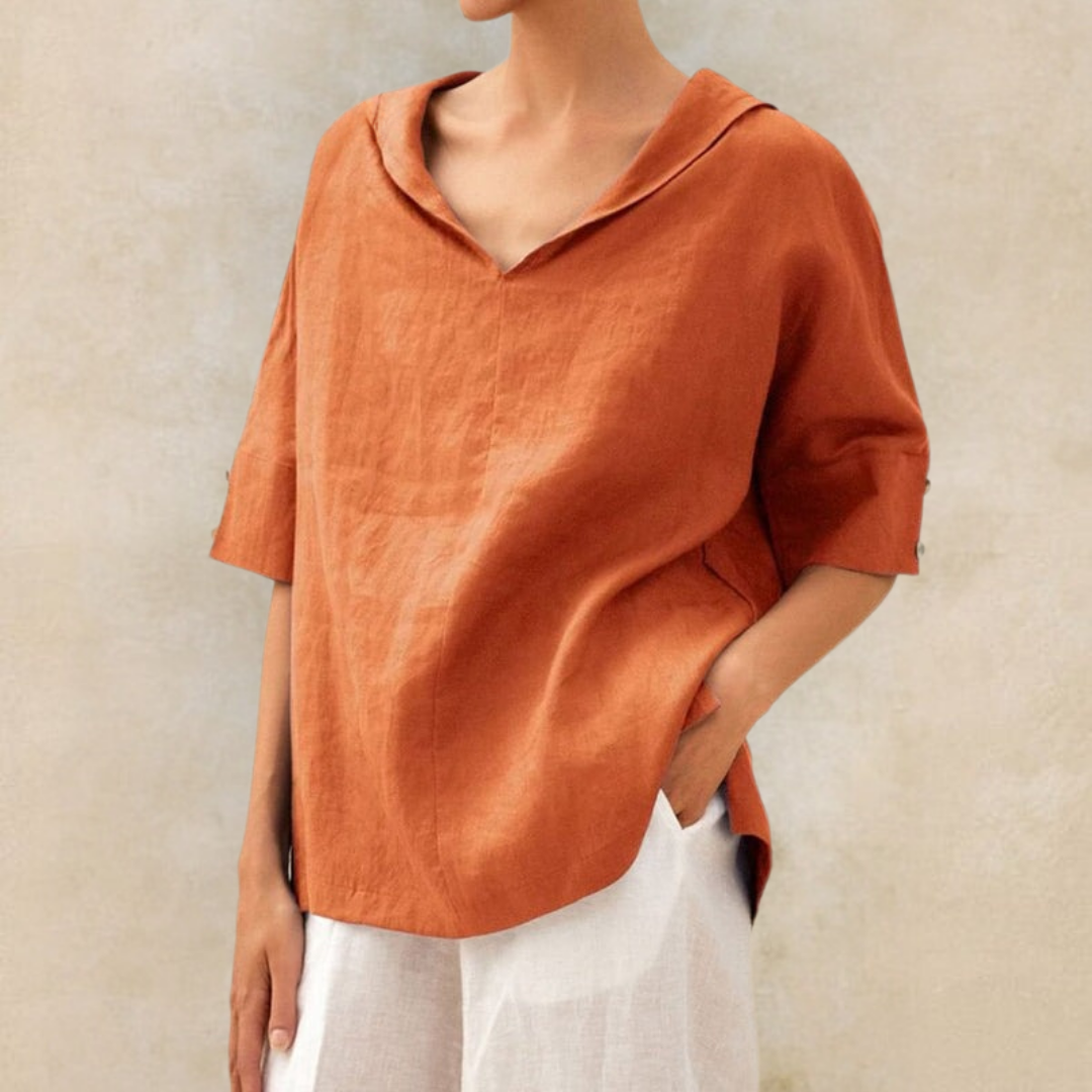 Women Blouse with Collar and Short Sleeves