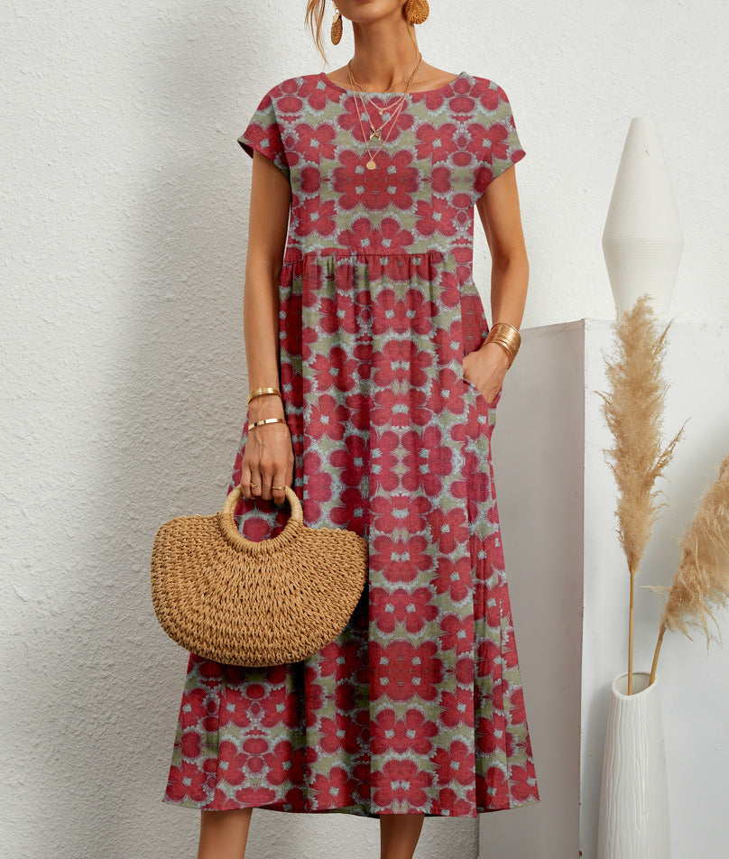 Women Floral A-Line Midi Dress with Pockets
