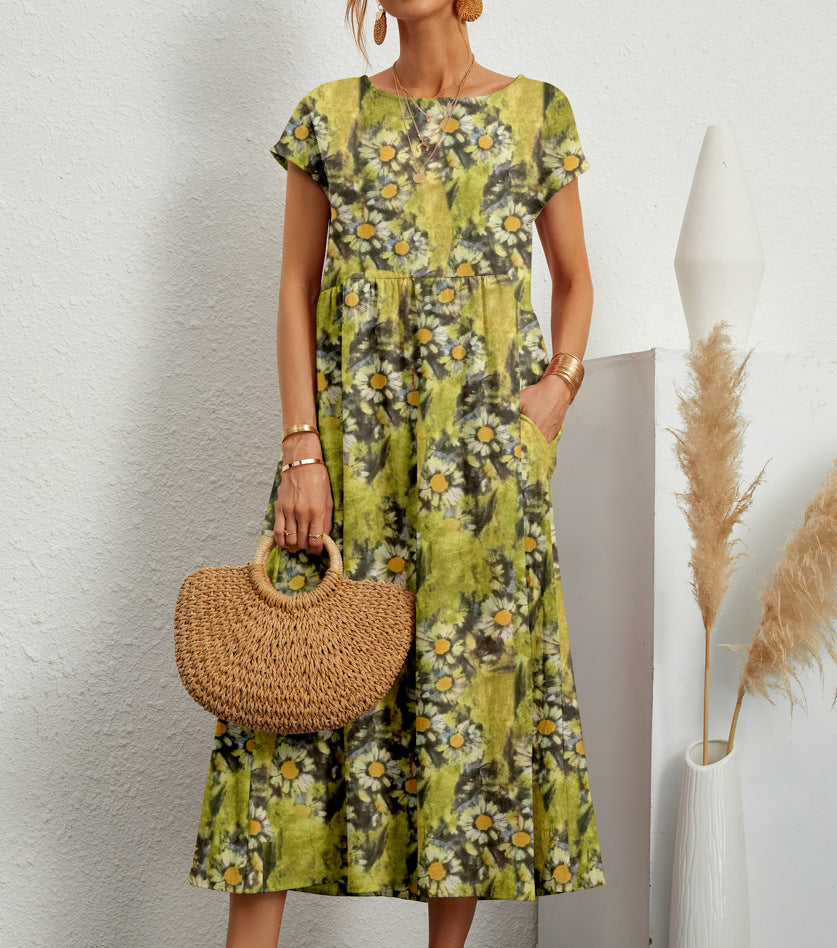 Women Floral A-Line Midi Dress with Pockets