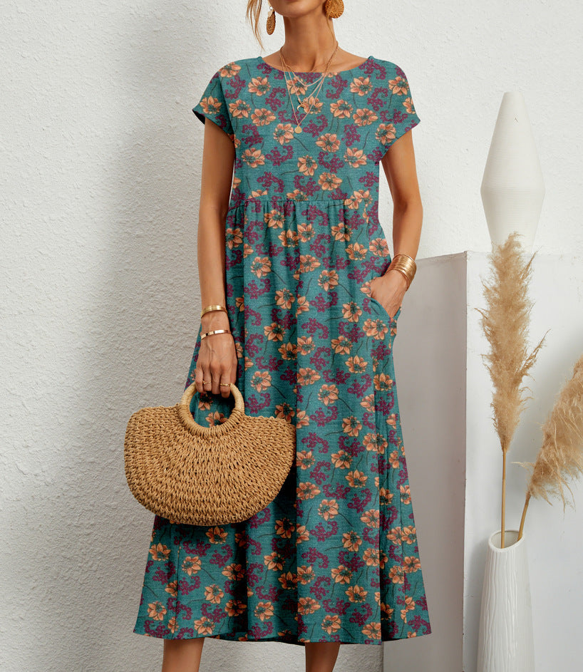 Women Floral A-Line Midi Dress with Pockets