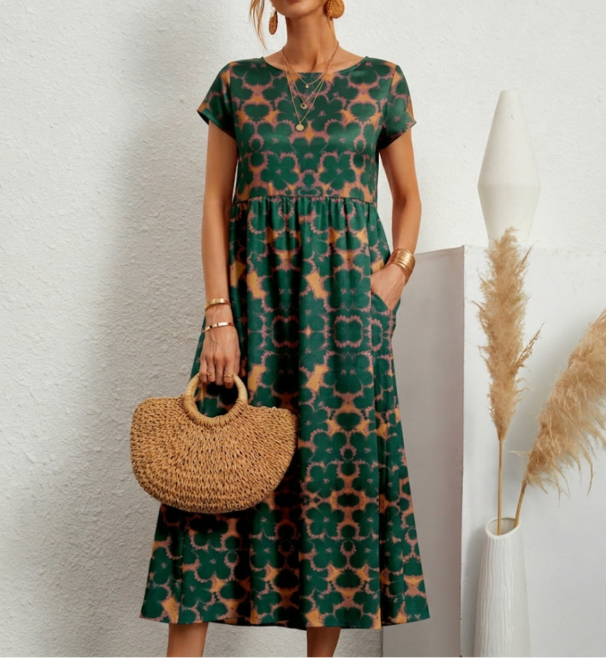 Women Floral A-Line Midi Dress with Pockets