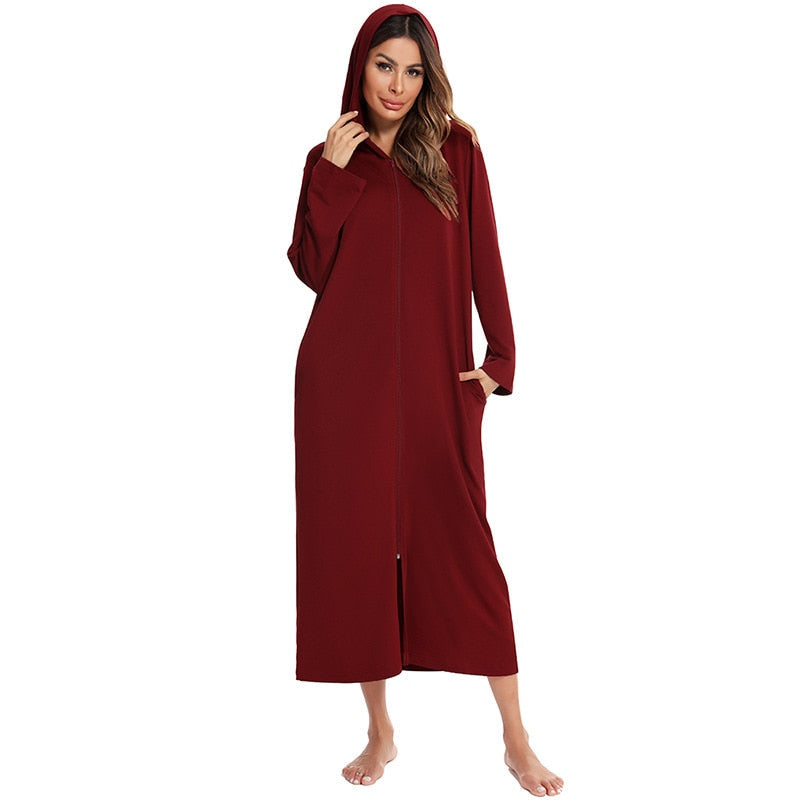 Women Hooded Bathrobe with Zipper: Comfortable & Practical