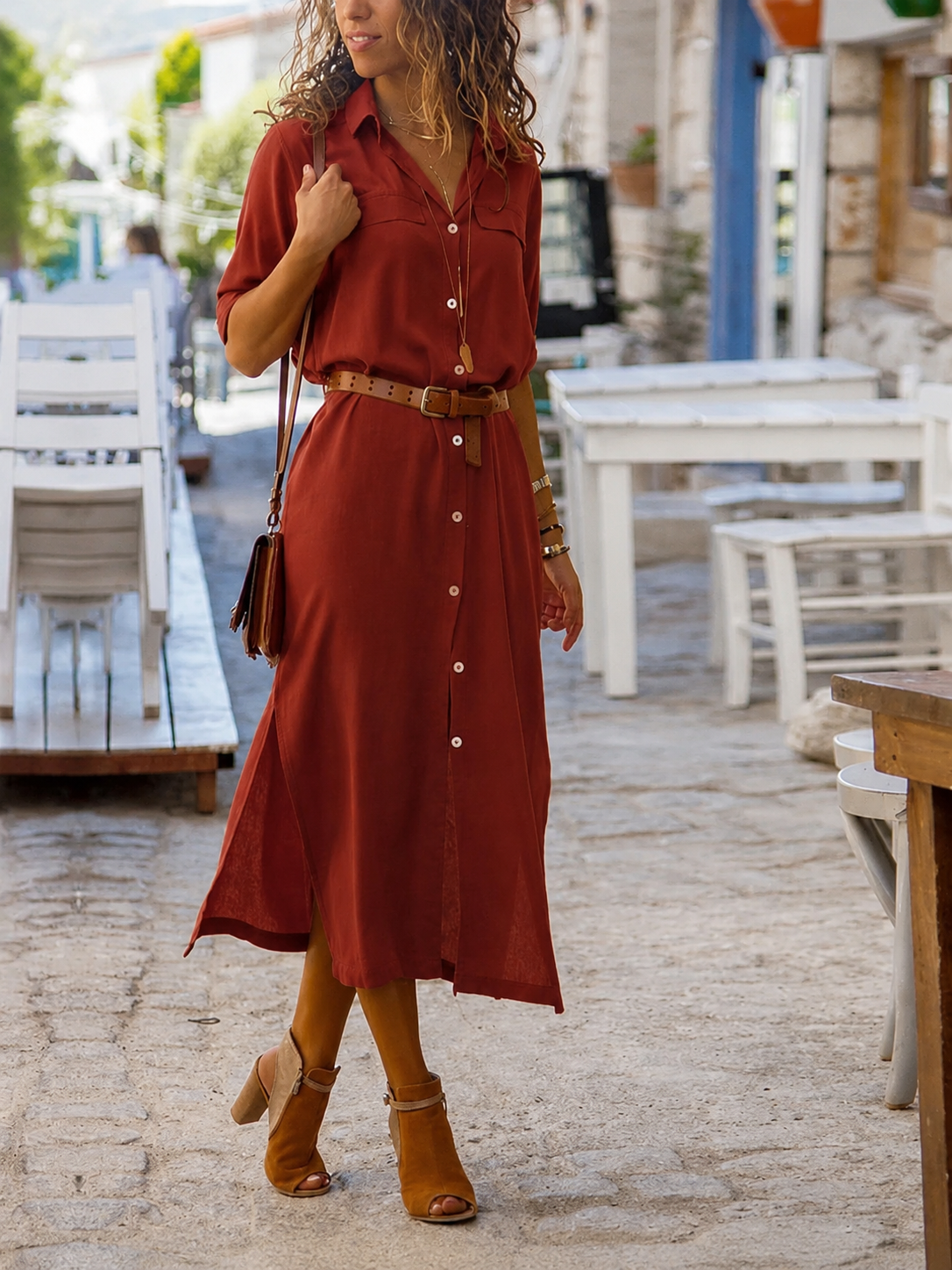 Women Midi Shirt Dress with Belt