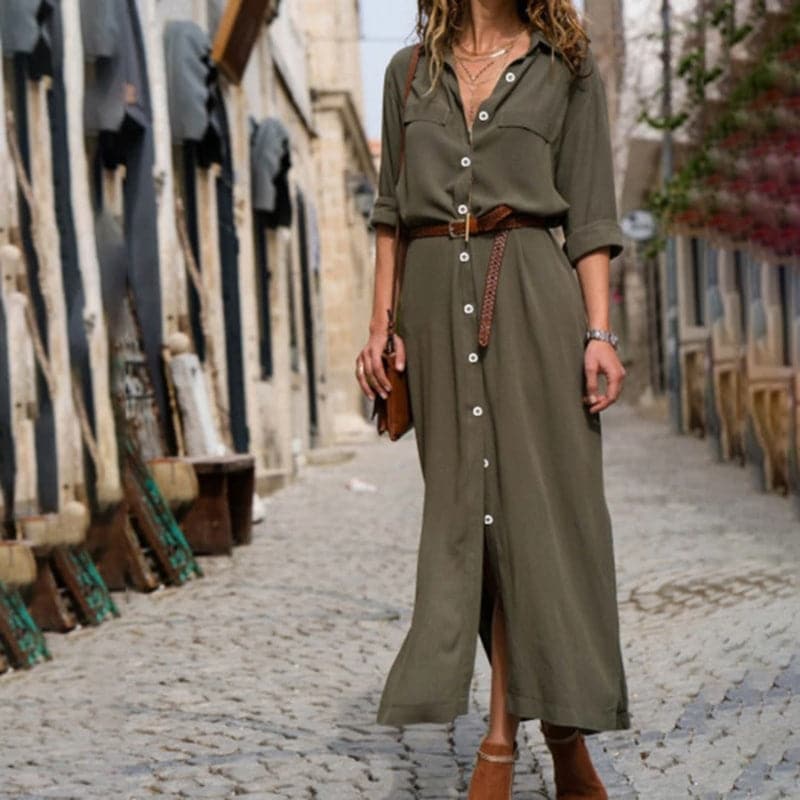 Women Midi Shirt Dress with Belt