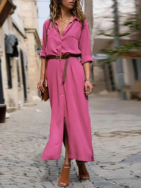 Women Midi Shirt Dress with Belt