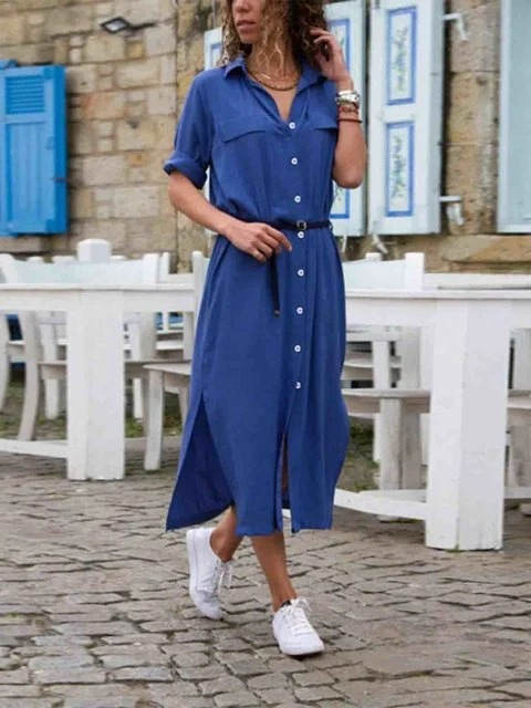 Women Midi Shirt Dress with Belt