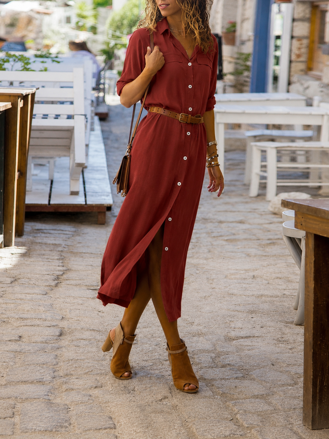 Women Midi Shirt Dress with Belt