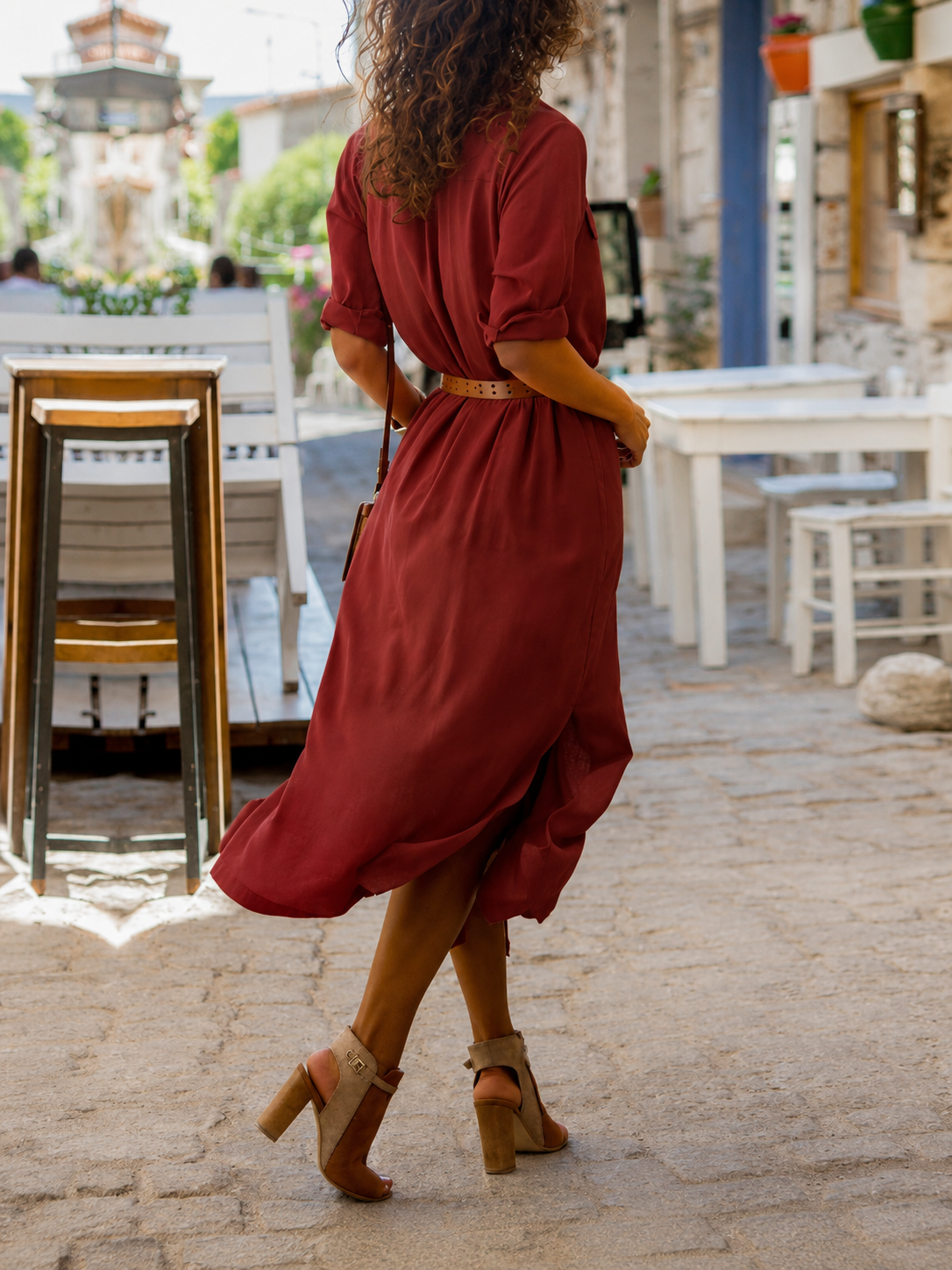 Women Midi Shirt Dress with Belt