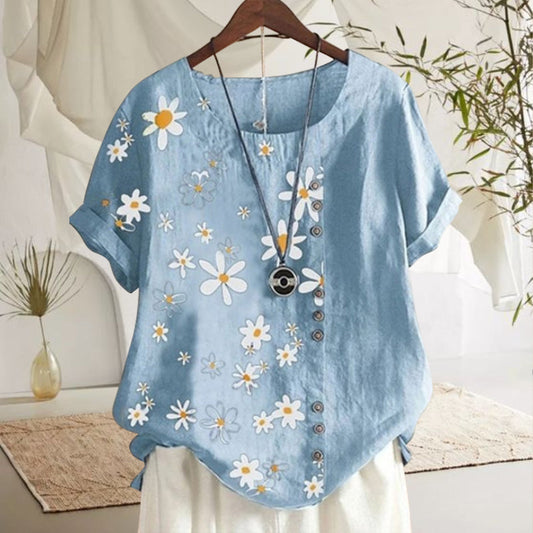 Women's Blouse with Priest Collar and Floral Pattern