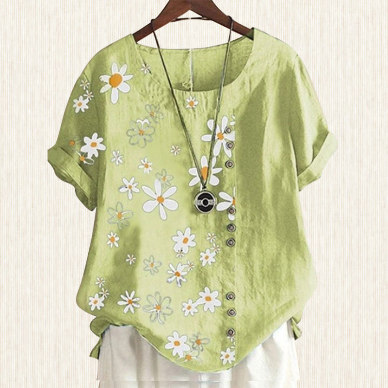 Women's Blouse with Priest Collar and Floral Pattern