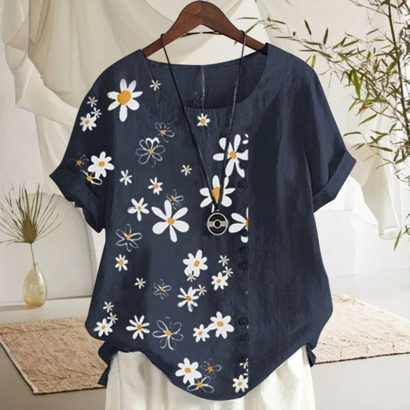 Women's Blouse with Priest Collar and Floral Pattern