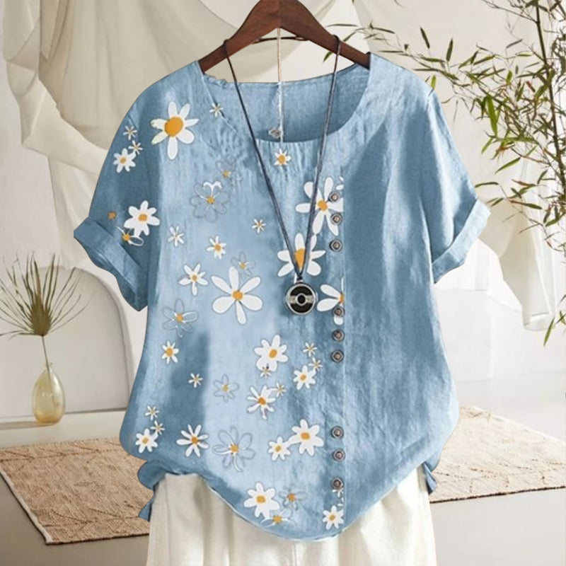 Women's Blouse with Priest Collar and Floral Pattern