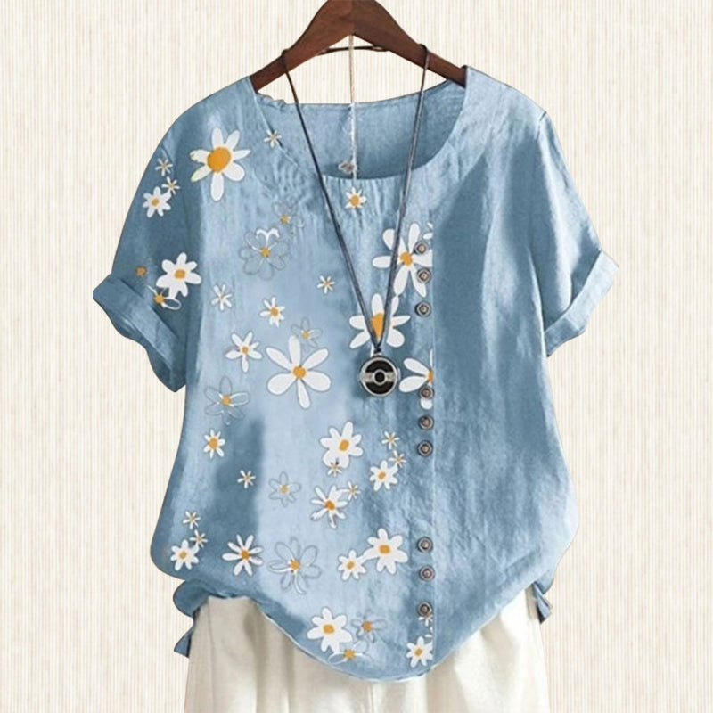 Women's Blouse with Priest Collar and Floral Pattern