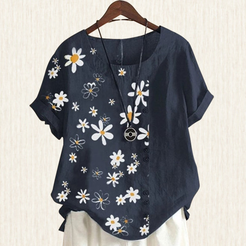 Women's Blouse with Priest Collar and Floral Pattern