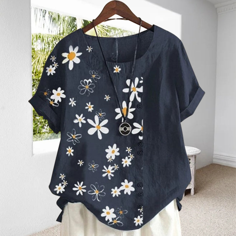 Women's Blouse with Priest Collar and Floral Pattern