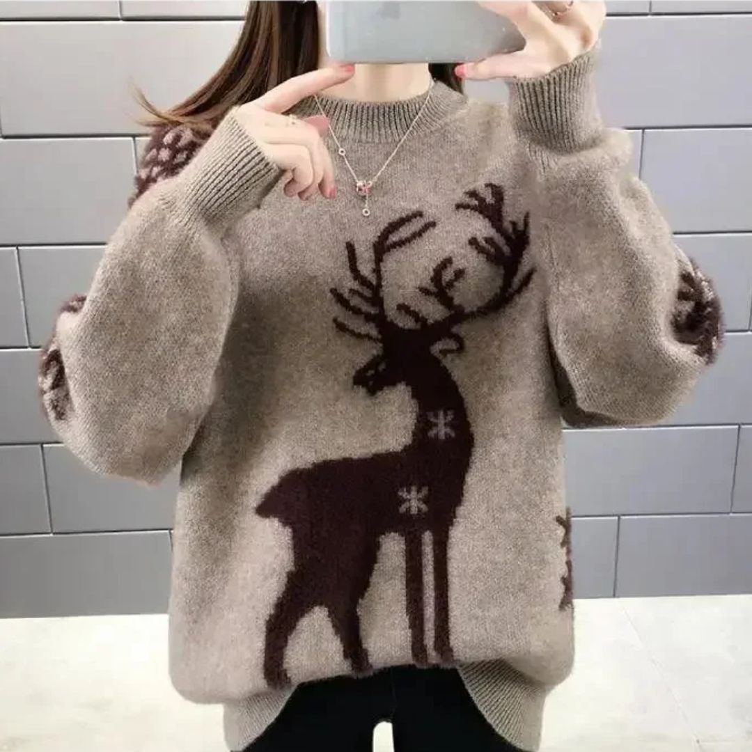Women's Christmas Sweater – Loose Pullover with Festive Holiday Print, Cozy & Stylish