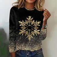 Women's Crew Neck Black Snowflake Glitter Print Long Sleeve T-Shirt