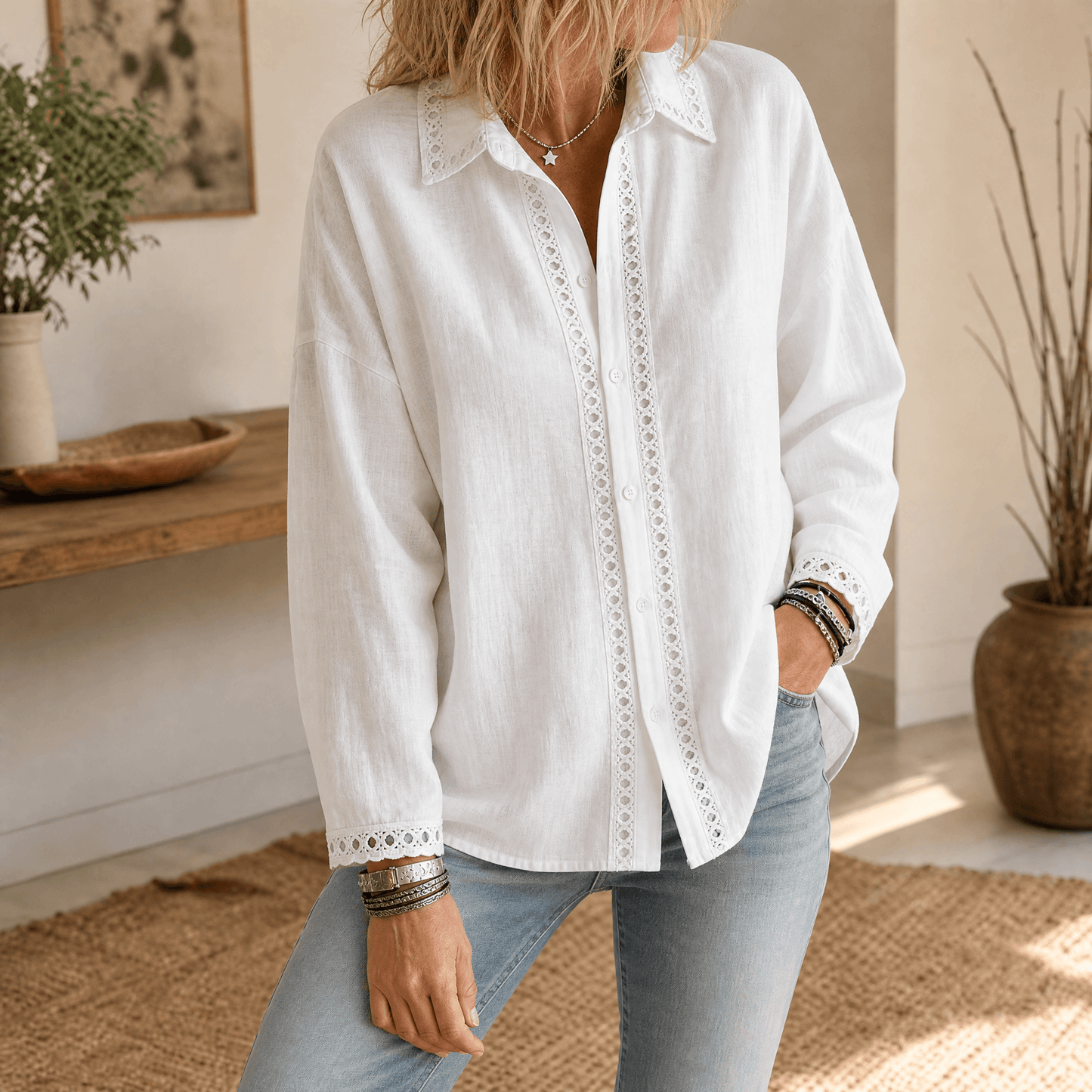 Women's Eyelet Trim Button-Down Blouse