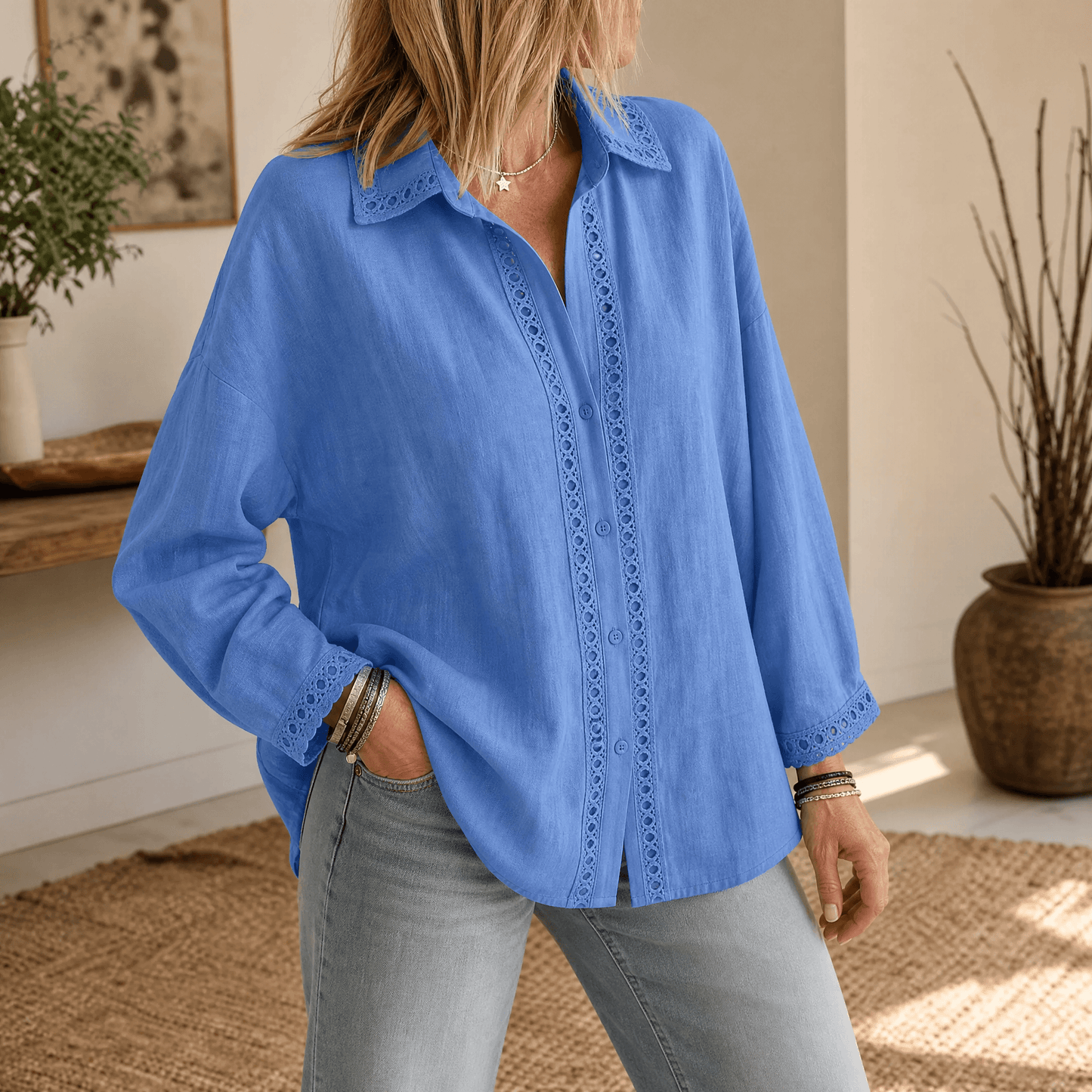 Women's Eyelet Trim Button-Down Blouse