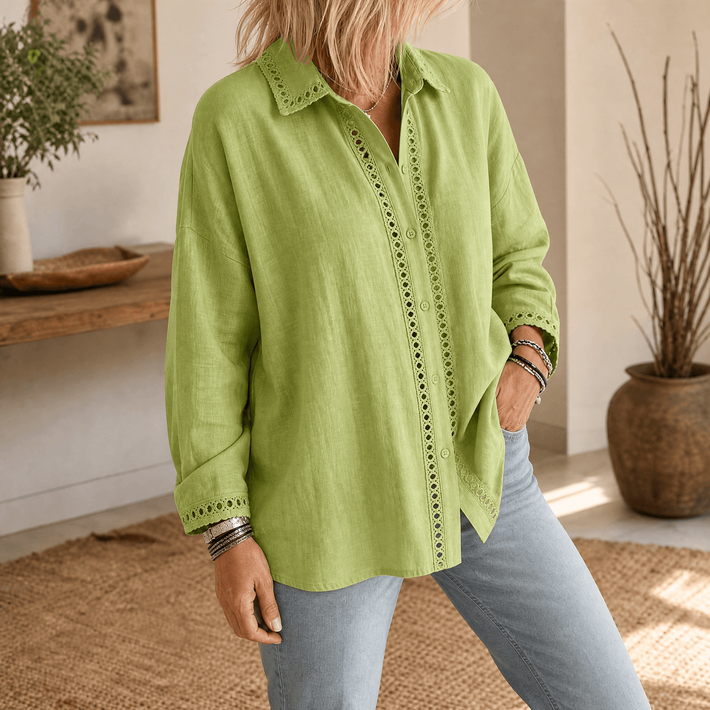 Women's Eyelet Trim Button-Down Blouse