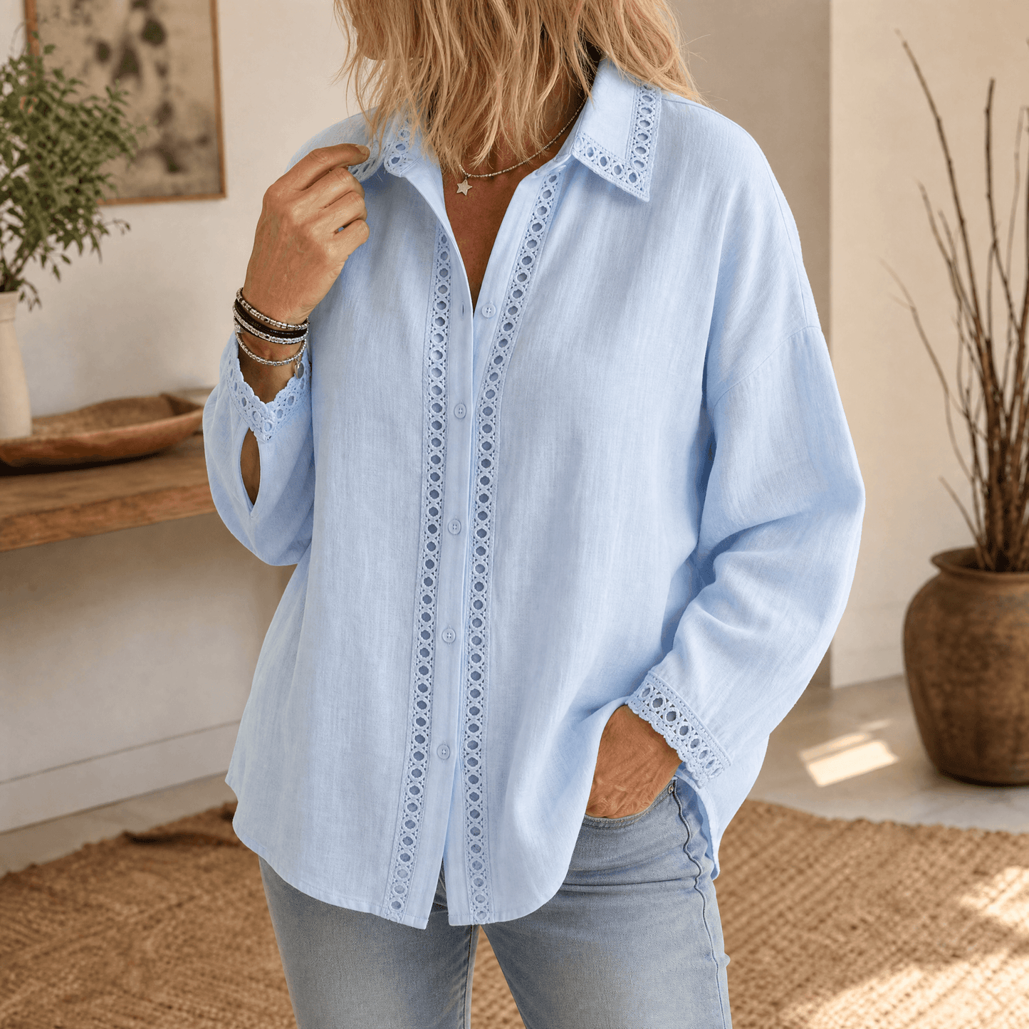 Women's Eyelet Trim Button-Down Blouse
