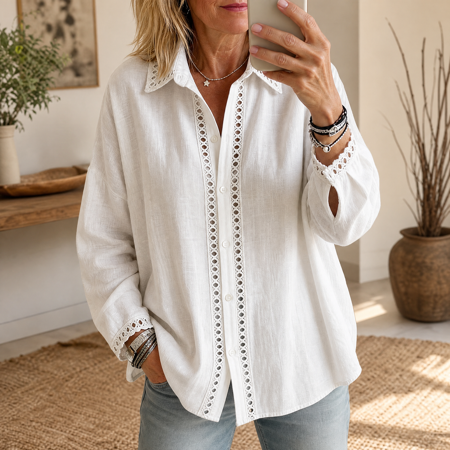 Women's Eyelet Trim Button-Down Blouse
