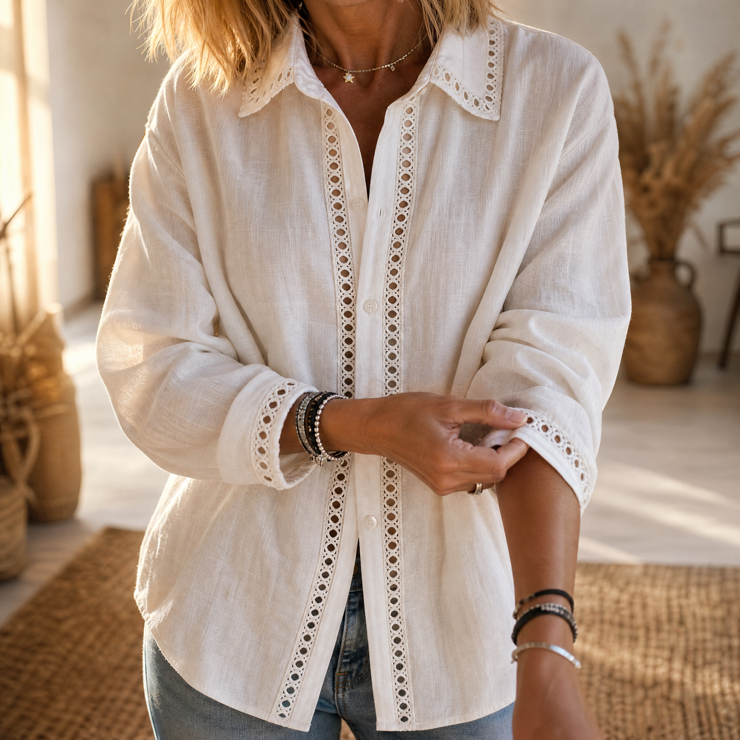 Women's Eyelet Trim Button-Down Blouse