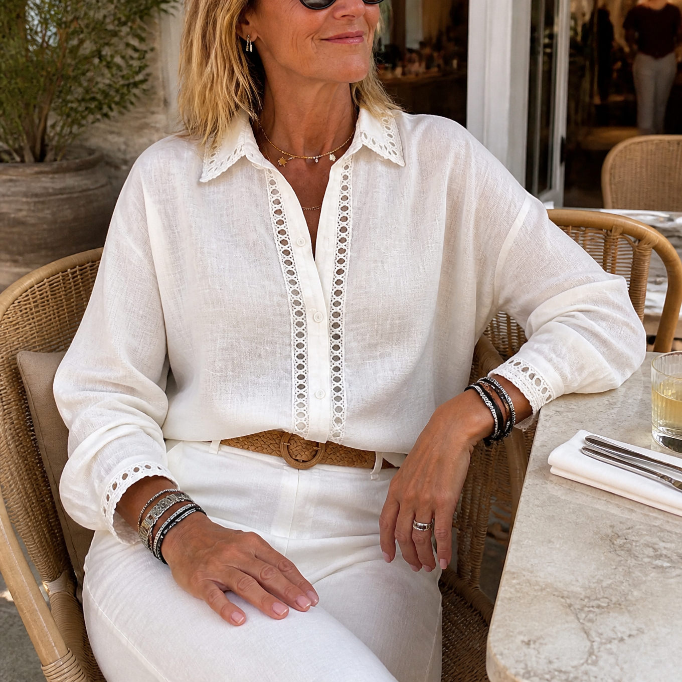 Women's Eyelet Trim Button-Down Blouse