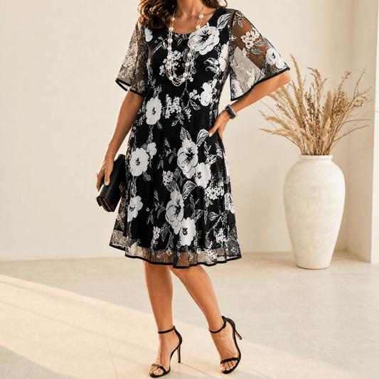 Women's Floral Dress with Sheer Overlay